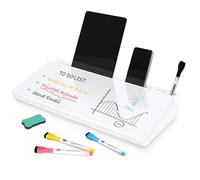 DOLLAR BOSS Petit tableau blanc de bureau en verre effaçable à sec avec tiroir de rangement, support de clavier d'ordinateur, organisateur de bureau, fournitures scolaires avec 4 marqueurs, 1 gomme,