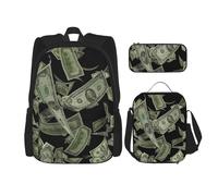 Dollar Sign Sac à dos d'argent avec boîte à déjeuner, sac à dos, cartable cartable, sac à dos pour trois, Noir , Taille unique, Ensemble cartable