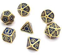DollaTek 7PCS Jeu de dés polyédriques en métal avec Sac de Rangement Noir pour donjons et Dragons de Jeux de rôle(engrenage Or et Bleu)