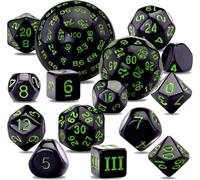 DollaTek Ensemble de 15 dés polyédriques complets D3-D100 pour jeux de rôle Jeux de table Noir et Vert