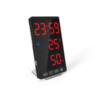 DollaTek Smart Mirror Horloge LED Chargeur de téléphone décoratif Réveil Horloge numérique à 4 Niveaux de luminosité avec Affichage de la température météorologique - Coque Noire et numérique Rouge