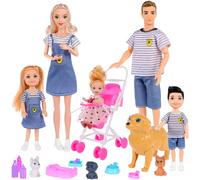 dollbie Kit de jeu familial de poupées avec poussette - 6 personnes, animaux domestiques et accessoires pour enfants de 3 à 12 ans - Cadeau pour enfant avec mère enceinte, père, 3 enfants, chiens et