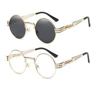 Dollger Lunettes de soleil rondes Steampunk Lunettes hippie Monture en métal Lentille 100% anti-UV
