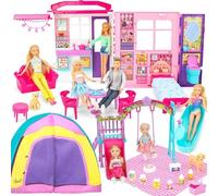 Dollhouse Gift Set for Dolls|Barbie - Grande maison de poupées pliable 6-en-1, de 60 accessoires avec meubles, 2 petites poupées, jeux extérieurs & camping - Coffret portable - Compatible poupées 29cm