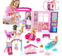 Dollhouse Gift Set for Girls - Grande maison de poupées pliable 6-en-1, de 60 accessoires avec meubles, 2 petites poupées, animaux & jeux extérieurs - Coffret portable - Compatible poupées 29cm
