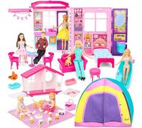 Dollhouse Gift Set - Grande Maison de poupées Pliable 6-en-1, Plus de 60 Accessoires avec Meubles, 2 Petites poupées, Animaux & Camping - Coffret Portable - Compatible poupées 29cm (Non incluses)