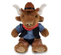 DolliBu Texas Longhorn Peluche de cowboy en peluche avec nom personnalisé - Peluche Longhorn sur le thème occidental avec joli costume de cowboy en denim, gilet, bandana, pantalon en cuir et chapeau