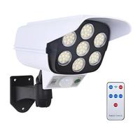 Dolltobe Angle réglable, 8-10 heures d'éclairage, lampe murale à LED à énergie solaire, 77 LED télécommandée, étanche, éclairage de sécurité extérieur faux projecteur caméra de surveillance