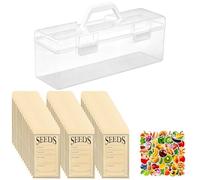 Dolltobe Boîte de rangement de graines, en plastique transparent avec poignée, comprend 200 enveloppes de graines et 50 autocollants fruits légumes, récipient portable pour plantes, fleurs, légumes