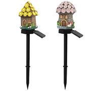 Dolltobe Lampes solaires d'extérieur en forme de champignon, panneau solaire haute efficacité, dessin animé de maison, lumières solaires en résine pour jardins, LED jaune chaud, décoration cour