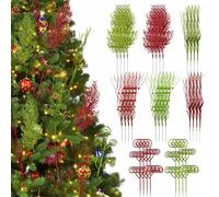 Dolltobe Lot de 32 pics floraux à paillettes - Tiges de pin artificielles rouges et vertes - Brindilles bouclées pour couronne d'arbre à faire soi-même