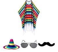 Dolltobe Poncho costume serape mexicain, modèle multicolore à franges, avec chapeau sombrero, lunettes et moustache factice, tenue de fête pour soirée fiesta, carnaval, Halloween et Cinco de Mayo