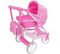 Dolly Tots Landau pour poupées Junior Roamer | Poussette rose à pois avec nacelle amovible, poignée réglable et panier de rangement | Comprend un sac à langer | Système de voyage pour jouets pour