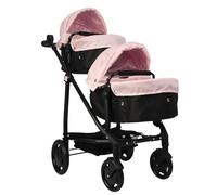 Dolly Tots Poussette de poupée double rose | Poussette double rose et noire | Poussette double pour poupée avec poignée de poussée réglable en hauteur et plusieurs options de siège | Convient à partir