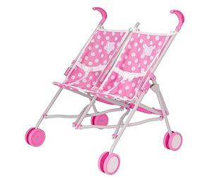 Dolly Tots Poussette double | Poussette double rose à pois pour enfants à partir de 2 ans | Poussette tandem | Poussette parapluie pliable légère | Jouet de jeu de rôle pour filles et garçons