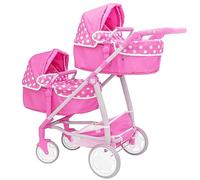 Dolly Tots Poussette jumelle Rose à Pois pour poupées | Double avec poignée réglable et sièges modulables | Convient aux Enfants dès 3 Ans