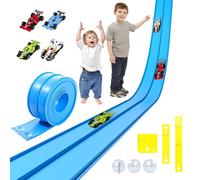 Doloowee Circuit de course flexible avec ventouses, 3,9 m, autoroute DIY avec 4 voitures, jouet pour enfants à partir de 3 ans