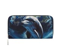 Dolphin Earth Portefeuille en cuir pour femme et fille, fermeture éclair sur le pourtour avec porte-cartes de crédit, sac à main de voyage imperméable