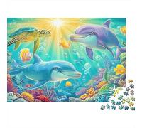 Dolphin Love Puzzle Premium 1000 pièces Adultes Dauphins Tortue Soleil océan Qualité épaisse Robuste Haute qualité vibrante stimulante Anti-Stress Jeu 38x26cm/1000pcs
