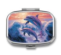 Dolphins Art Pilulier portable à 2 compartiments avec miroir pour sac à main, voyage, mini organiseur de médicaments en métal pour vitamines, huile de poisson