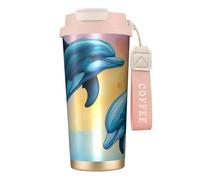 Dolphins in Love Bouteille d'eau avec couvercle à paille en acier inoxydable à large goulot isotherme anti-fuite pour femme Rose