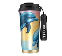 Dolphins in Love Bouteille d'eau avec couvercle à paille en acier inoxydable à large goulot isotherme anti-fuite pour femme Noir
