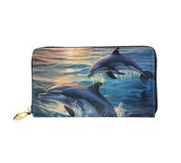 Dolphins In The Sea1 Portefeuille en cuir avec fermeture éclair sur le pourtour pour femme Porte-cartes de crédit avec support pour téléphone portable