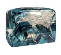 Dolphins Play Together Trousse à cosmétiques pour femme, trousse de toilette de voyage, grande pochette de maquillage en PVC pratique avec fermeture éclair, multicolore, 18.5x7.5x13cm/7.3x3x5.1in