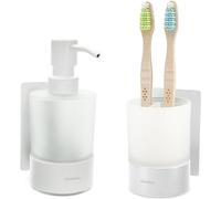 Dolvhin® Distributeur de Savon et Porte-Brosse à Dents Mural | Verre dépoli à Coller | Gobelet à Dents INOX sans perçage | Doseur Savon Liquide | Set Salle de Bain élégant | Blanc Mat
