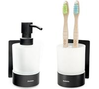 Dolvhin® Distributeur de Savon et Porte-Brosse à Dents Mural | Verre dépoli à Coller | Gobelet à Dents INOX sans perçage | Doseur Savon Liquide | Set Salle de Bain élégant | Noir Mat