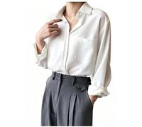 Dolvitrny Chemisier à manches longues pour femme, style coréen, élégant, col à revers, coupe ample, couleur unie, chemise de travail pour le printemps, l'automne, les vacances, grande taille (S, blanc
