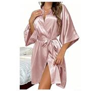 Dolvitrny Robe de nuit à lacets à manches longues pour femme - Cardigan fin - Robe de bain décontractée - Pyjama de couleur unie - Vêtement de nuit pour hôtel et spa (XL, rose)