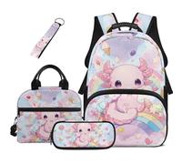 Dolyues Axolotl Lot de 4 sacs à dos d'école mignons pour filles avec boîte à déjeuner zippée et porte-clés pour enfants, Motif arc-en-ciel Axolotl, Sac à dos daypack