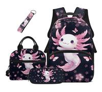 Dolyues Axolotl Lot de 4 sacs à dos d'école mignons pour filles avec boîte à déjeuner zippée et porte-clés pour enfants, Axolotl Fleur Papillon, Sac à dos daypack