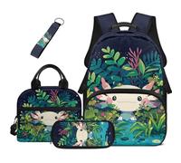 Dolyues Axolotl Lot de 4 sacs à dos d'école mignons pour filles avec boîte à déjeuner zippée et porte-clés pour enfants, Feuille d'axolotl, Sac à dos daypack