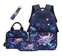 Dolyues Axolotl Lot de 4 sacs à dos d'école mignons pour filles avec boîte à déjeuner zippée et porte-clés pour enfants, Méduse Axolotl, Sac à dos daypack