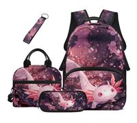 Dolyues Axolotl Lot de 4 sacs à dos d'école mignons pour filles avec boîte à déjeuner zippée et porte-clés pour enfants, Imprimé axolotl rose, Sac à dos daypack