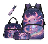 Dolyues Axolotl Lot de 4 sacs à dos d'école mignons pour filles avec boîte à déjeuner zippée et porte-clés pour enfants, Axolotl Galaxy, Sac à dos daypack