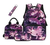 Dolyues Axolotl Lot de 4 sacs à dos d'école mignons pour filles avec boîte à déjeuner zippée et porte-clés pour enfants, Fleur Axolotl, Sac à dos daypack