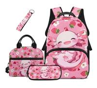 Dolyues Axolotl Lot de 4 sacs à dos d'école mignons pour filles avec boîte à déjeuner zippée et porte-clés pour enfants, Axolotl Fraise, Sac à dos daypack