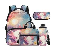 Dolyues Axolotl Lot de 4 sacs à dos et boîte à déjeuner pour filles de 8 à 10 ans avec housse pour bouteille d'eau, Axolotl Sun, Sac à dos daypack