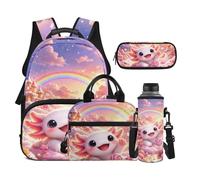 Dolyues Axolotl Lot de 4 sacs à dos et boîte à déjeuner pour filles de 8 à 10 ans avec housse pour bouteille d'eau, Axolotl Rainbow, Sac à dos daypack