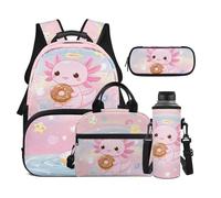Dolyues Axolotl Lot de 4 sacs à dos et boîte à déjeuner pour filles de 8 à 10 ans avec housse pour bouteille d'eau, Donut Axolotl, Sac à dos daypack