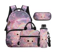 Dolyues Axolotl Lot de 4 sacs à dos et boîte à déjeuner pour filles de 8 à 10 ans avec housse pour bouteille d'eau, Axolotl rose, Sac à dos daypack