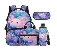 Dolyues Axolotl Lot de 4 sacs à dos et boîte à déjeuner pour filles de 8 à 10 ans avec housse pour bouteille d'eau, Axolotl, Sac à dos daypack