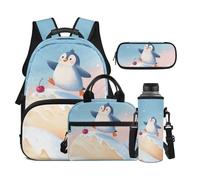 Dolyues Axolotl Lot de 4 sacs à dos et boîte à déjeuner pour filles de 8 à 10 ans avec housse pour bouteille d'eau, Cerise pingouin, Sac à dos daypack