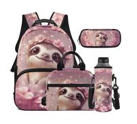 Dolyues Axolotl Lot de 4 sacs à dos et boîte à déjeuner pour filles de 8 à 10 ans avec housse pour bouteille d'eau, Paresseux rose., Sac à dos daypack