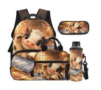 Dolyues Axolotl Lot de 4 sacs à dos et boîte à déjeuner pour filles de 8 à 10 ans avec housse pour bouteille d'eau, imprimé vache, Sac à dos daypack