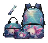 Dolyues Axolotl Lot de 4 sacs à dos pour filles Sac à déjeuner Trousse à crayons Kawaii Sac à dos d'école primaire 3e année, Ocean Axolotl, Sac à dos daypack