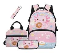 Dolyues Axolotl Lot de 4 sacs à dos pour filles Sac à déjeuner Trousse à crayons Kawaii Sac à dos d'école primaire 3e année, Donut Axolotl, Sac à dos daypack